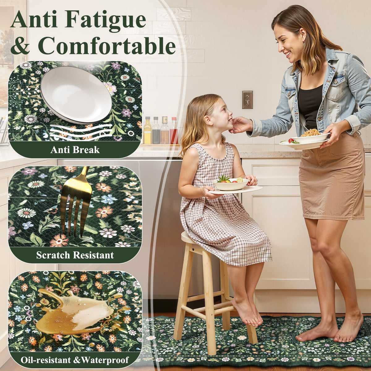 Yamaziot anti-fatigue kitchen rug 47x17 inches provides soft footing in busy kitchens.