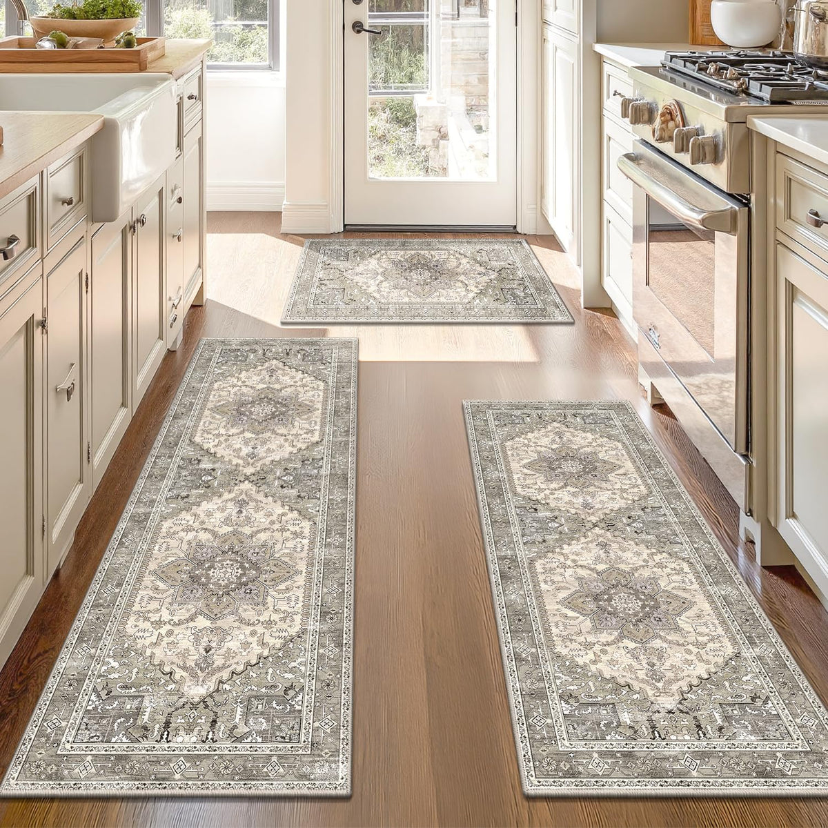 Yamaziot Boho Kitchen Rug Set 3 front view highlights stylish texture for entryways.