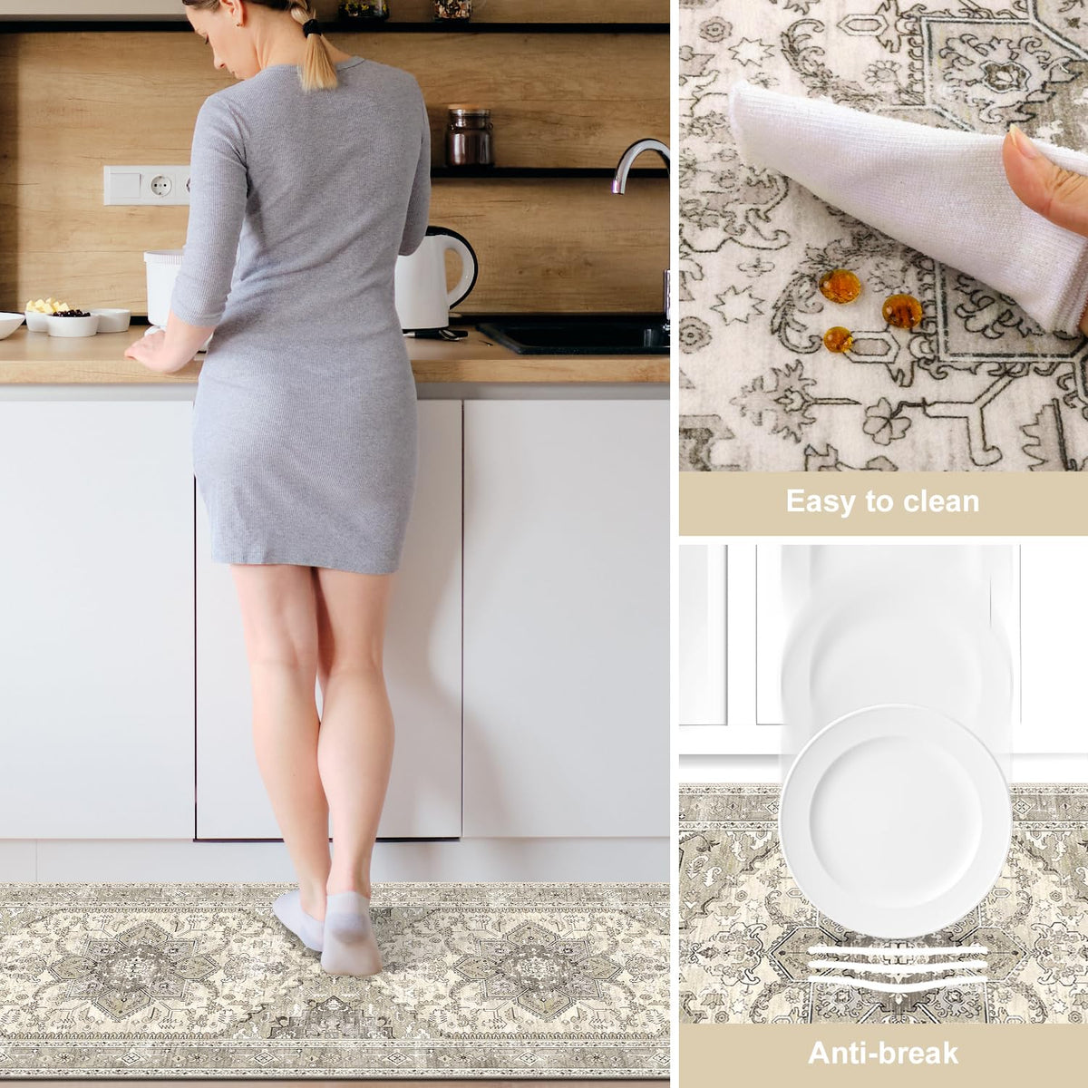 Yamaziot Boho Kitchen Rug Set 3 waterproof-stain-resistant for easy wipe-clean surfaces.