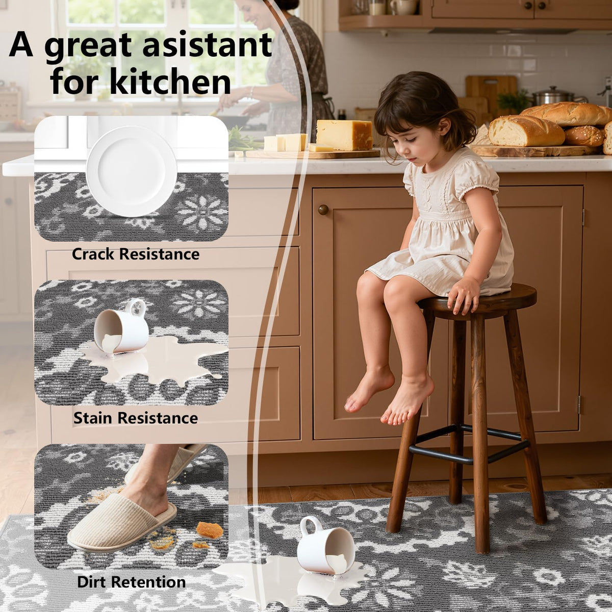 Yamaziot rug shows high-low pile texture that traps dust and debris.