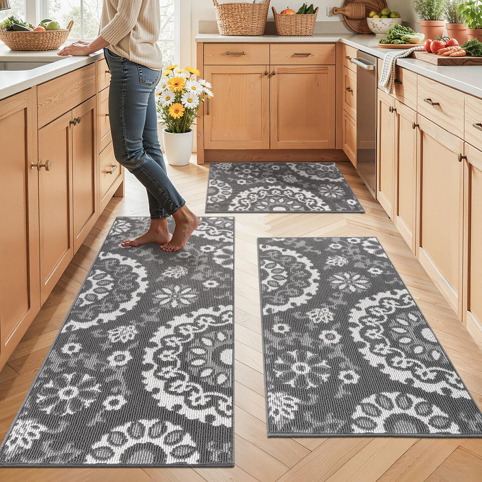 Yamaziot washable kitchen rug set in three sizes offers broad coverage for busy kitchens.