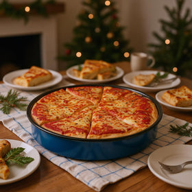 YAMMI TREE 10-inch enamel pan on countertop ideal for quick roasts and single-portion pizzas.