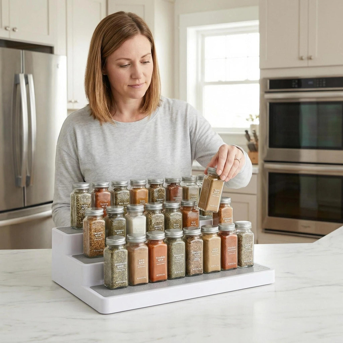 YAN & HIN spice rack inside cabinet demonstrating improved organization.