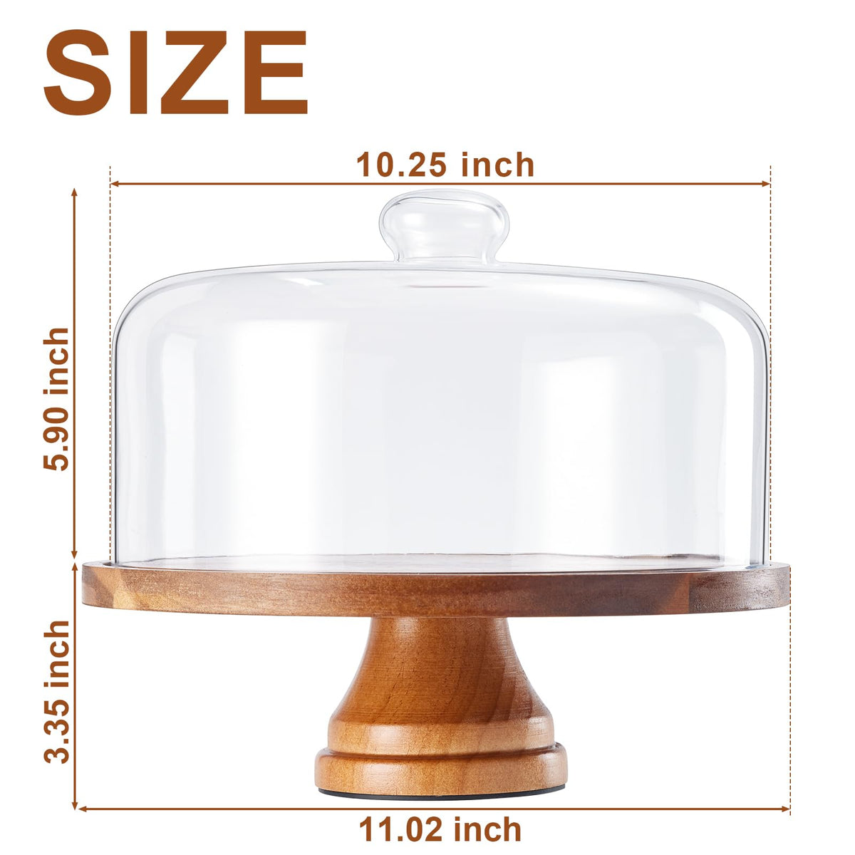 Yangbaga 11-inch wooden rotating cake stand with dome lid for easy serving.
