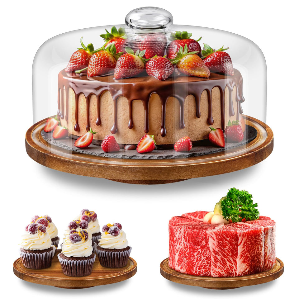 Yangbaga 11in wood cake stand with dome lid for elegant dessert display during gatherings.