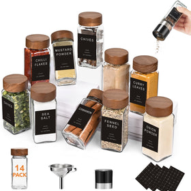 Yangbaga 14Pcs glass spice jars with acacia lids—airtight freshness.
