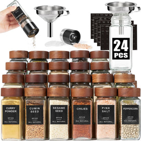 Yangbaga 24-piece glass spice jars offer 4oz capacity for organized pantry storage.