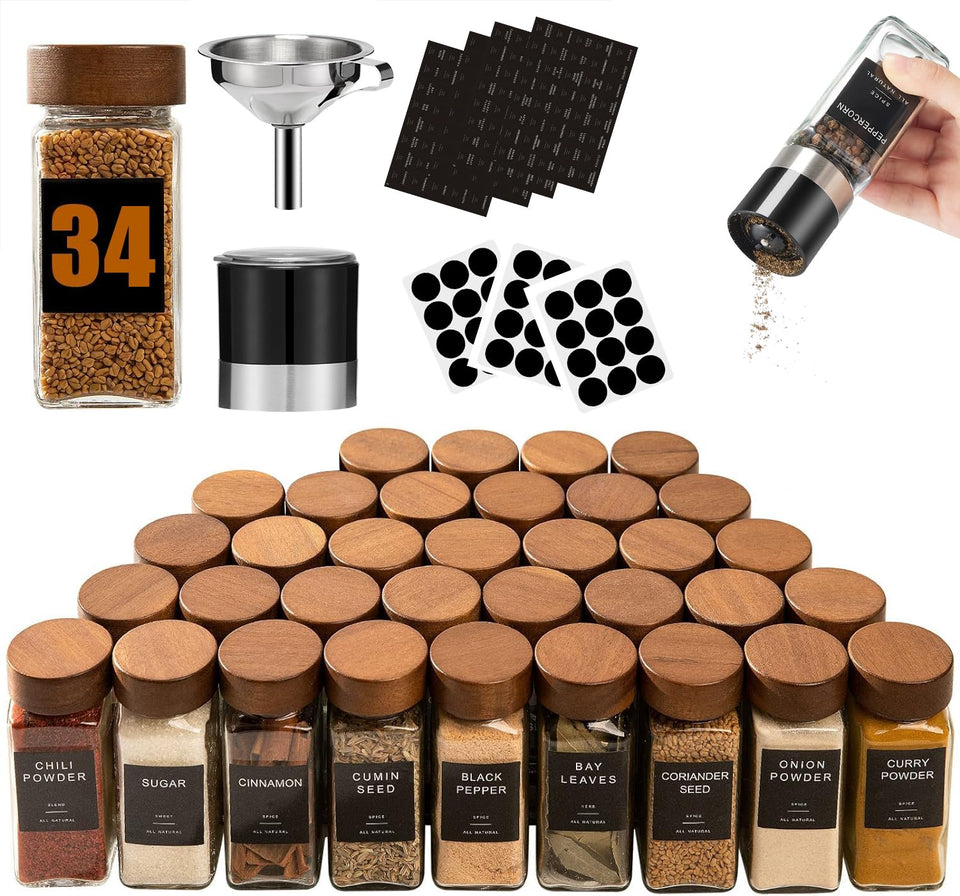 Yangbaga 34-piece glass spice jars on a rack for organized, easy spice access