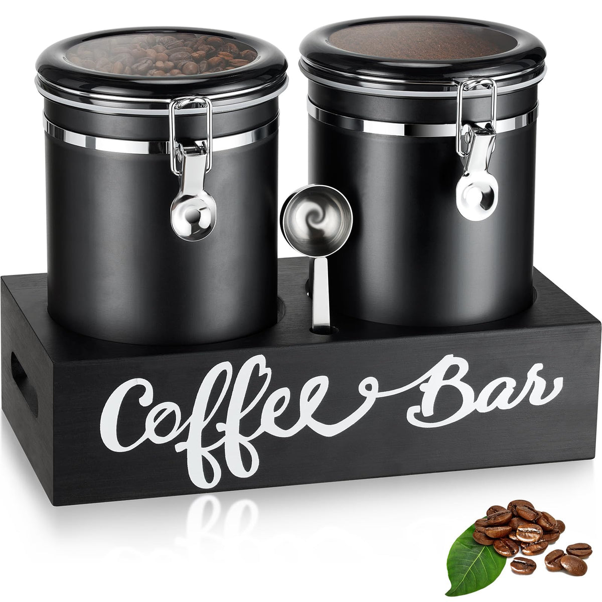 Yangbaga two-piece coffee canisters with shelf demonstrate airtight storage for fresh beans.