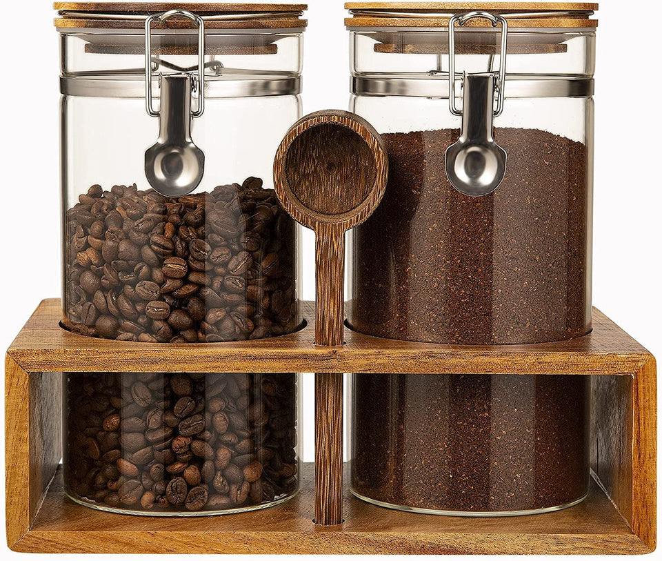 Yangbaga glass coffee container with wooden shelf, stylish kitchen storage for organized beans.