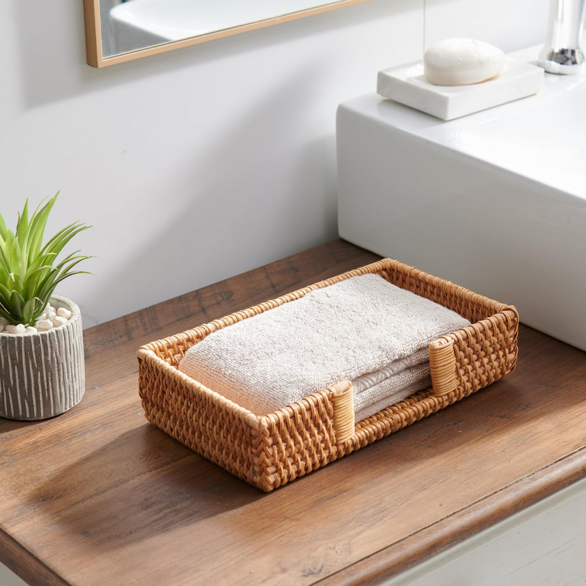 YangqiHOME napkin holder angled view showcases durable handwoven rattan.