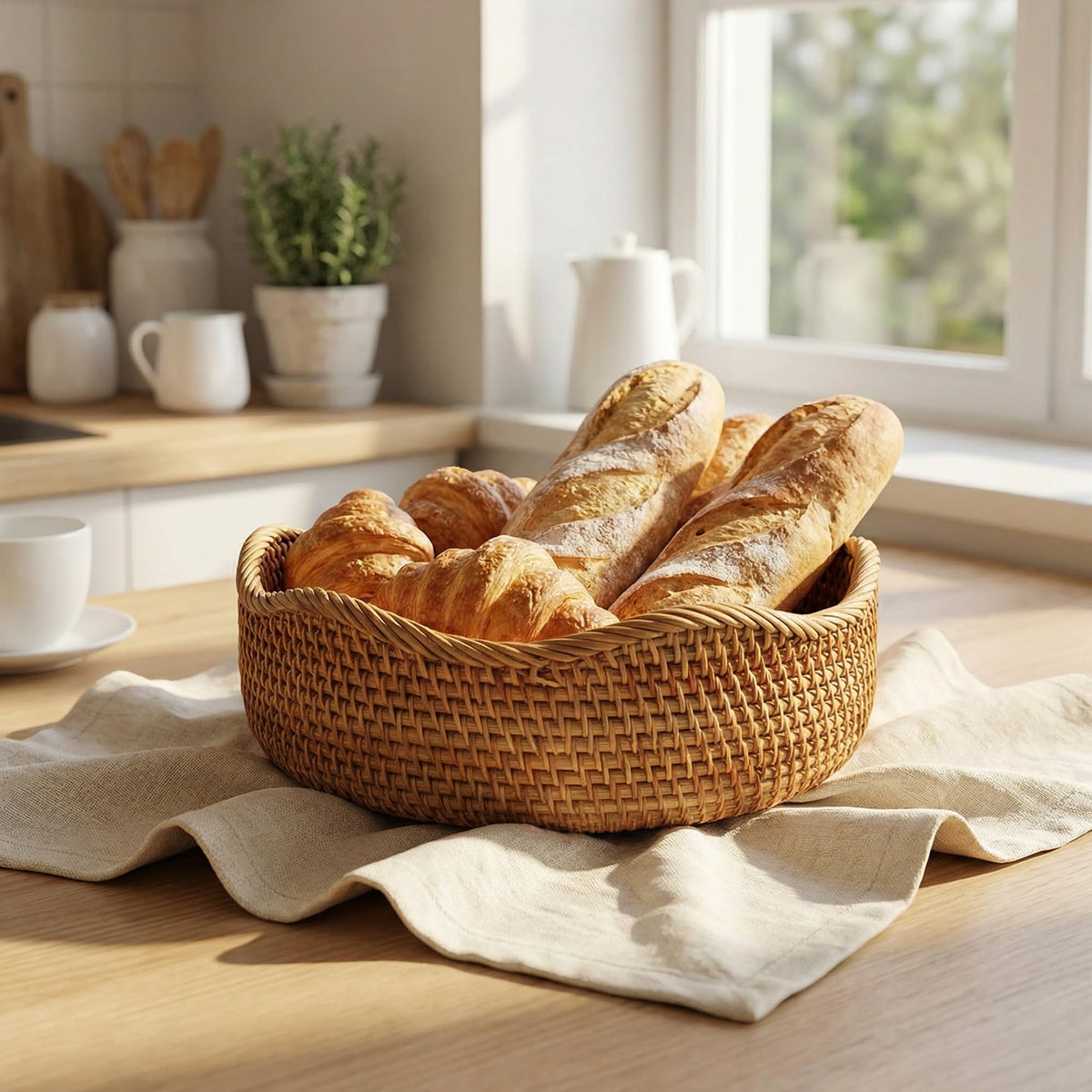 YANGQIHOME rattan bread basket large on table ready for serving and organization