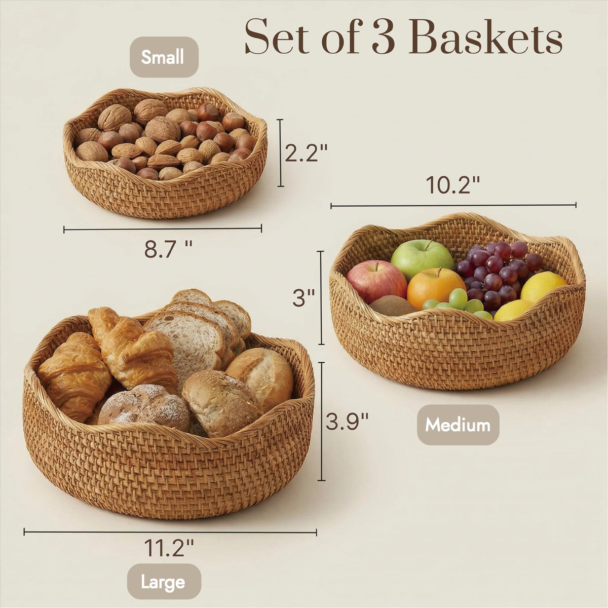 YANGQIHOME rattan bread basket medium on counter for easy fruit and bread display