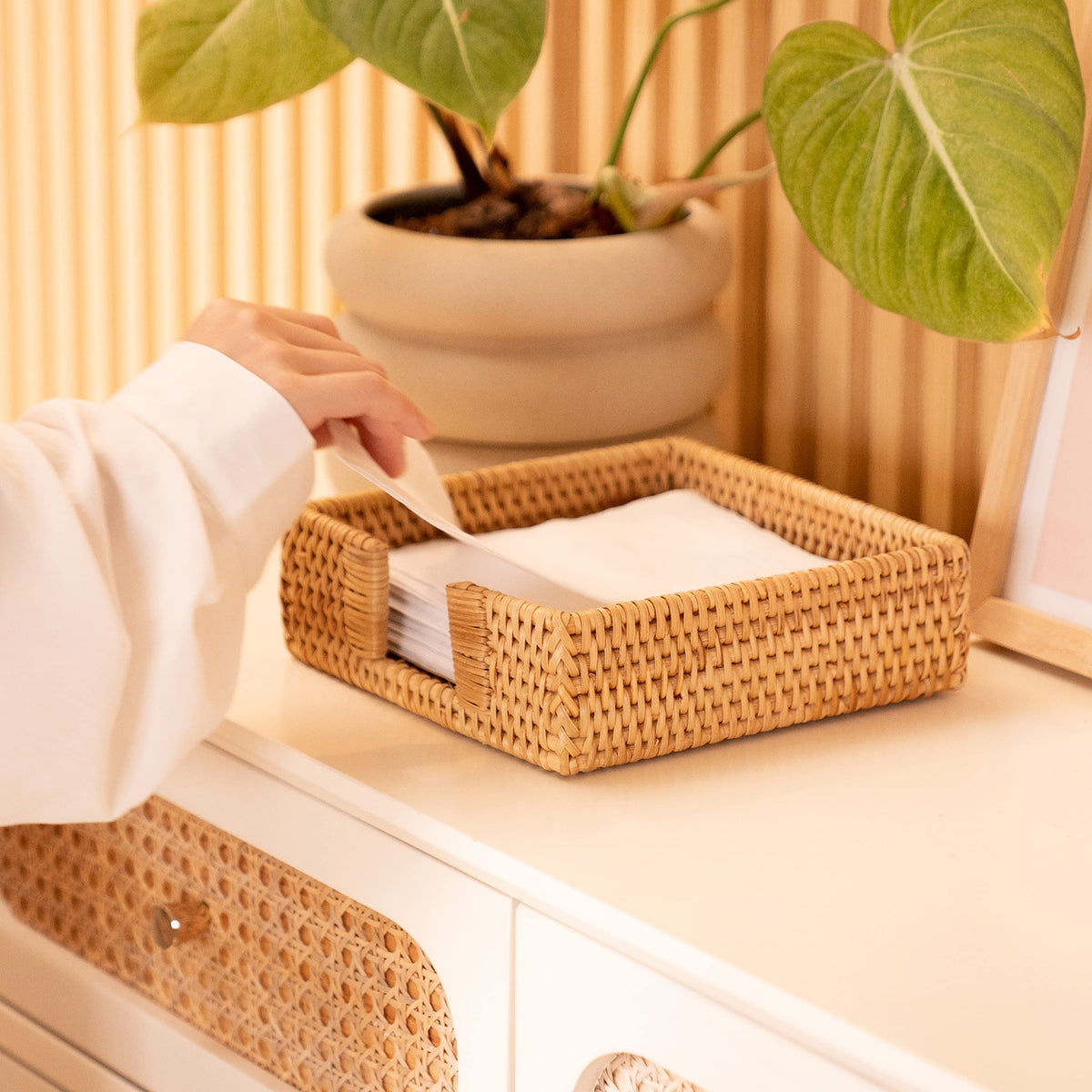 YANGQIHOME rattan napkin holder square top view demonstrates compact footprint for varied table arrangements