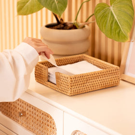 YANGQIHOME rattan napkin holder square top view demonstrates compact footprint for varied table arrangements