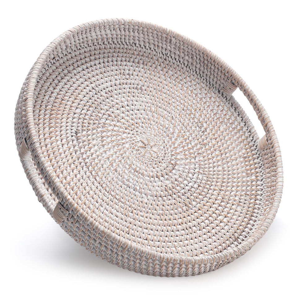YANGQIHOME round rattan tray top view with handles for easy serving.