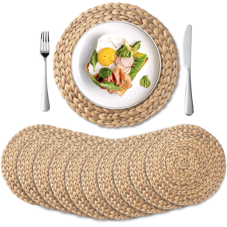 YANGQIHOME round woven placemats close-up with braided straw texture for durable rustic dining