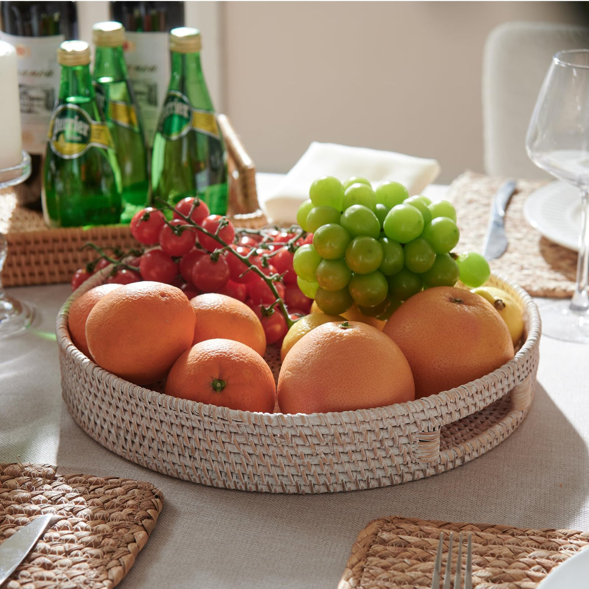 Whitewash finish YANGQIHOME rattan tray shown on a mantel for natural decor.