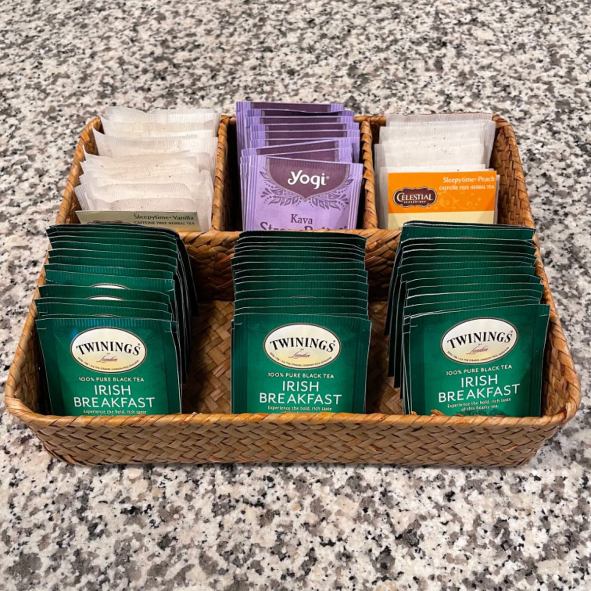 YANGQIHOME wicker divider basket keeps small items neatly stored.