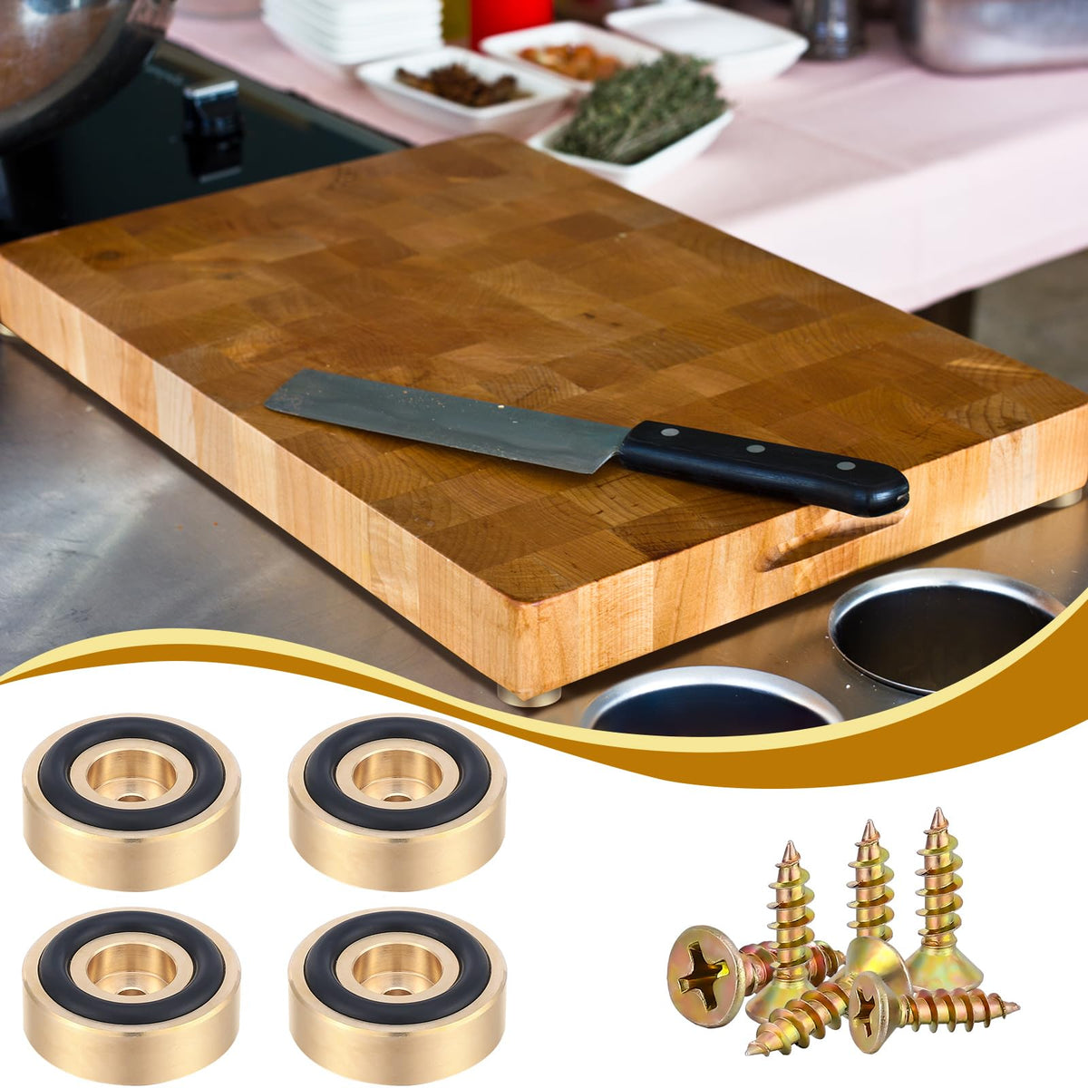 Yaocom brass cutting board feet installation in progress on a counter