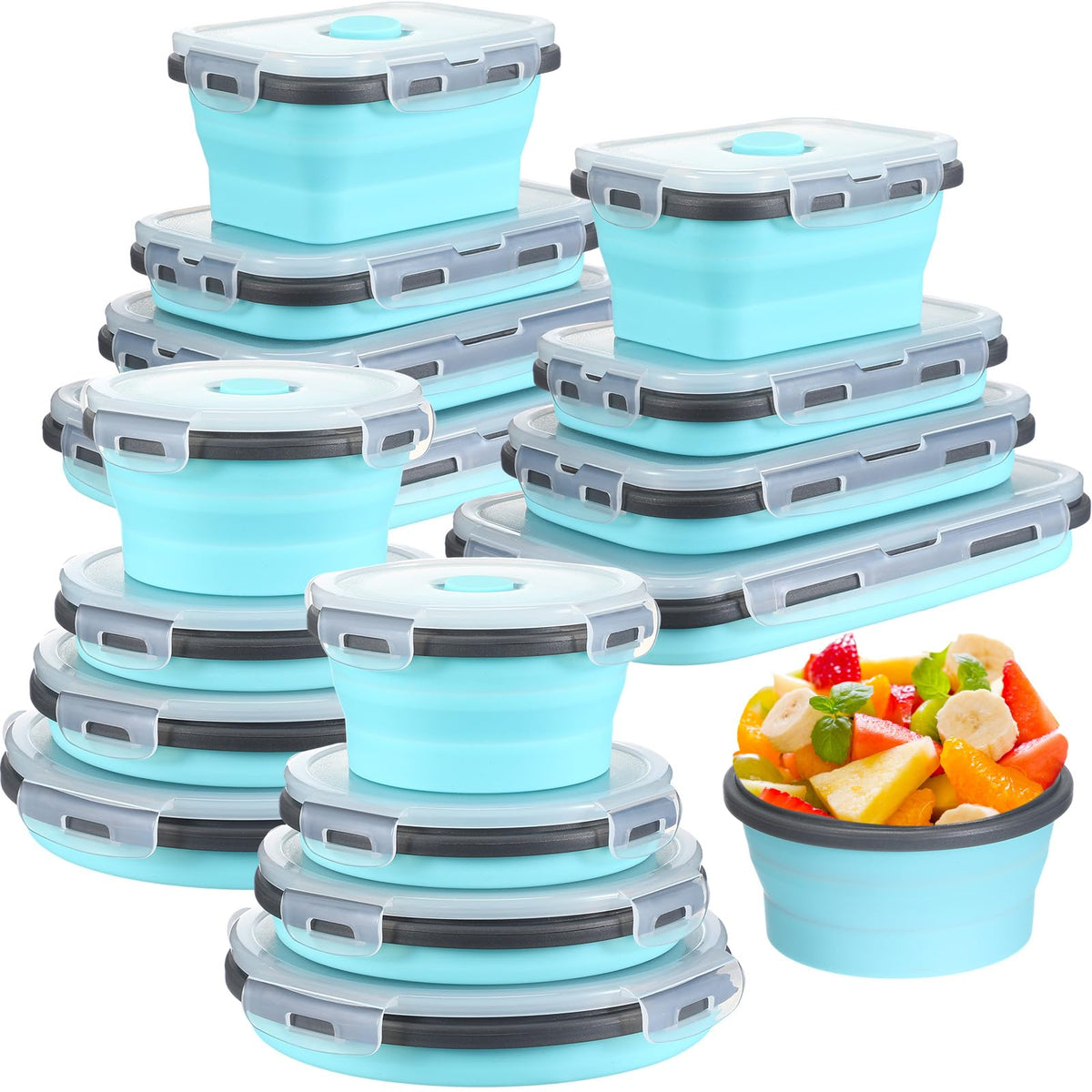 Yaomiao 16-pack collapsible bowls with lids for organized meal prep.