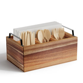 Yaoyiizy acacia wood silverware caddy on countertop keeps utensils neatly organized.