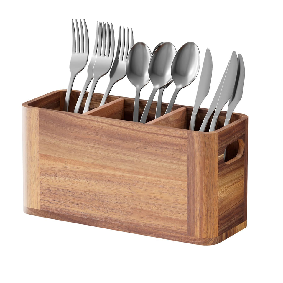 Yaoyiizy silverware holder in acacia wood shows natural grain for stylish kitchen organization