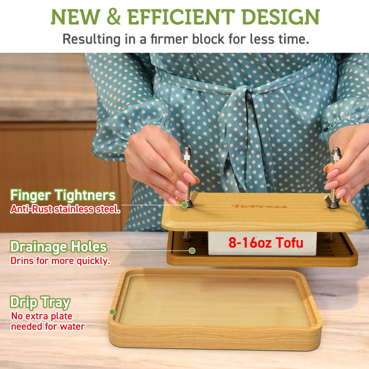 YARKOR Bamboo Tofu Press with drip tray ready to collect water.