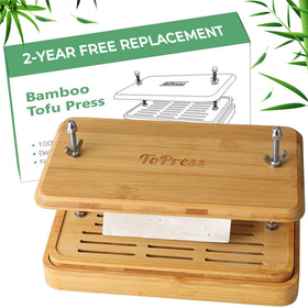 YARKOR Bamboo Tofu Press front view with built-in strainer for moisture removal.