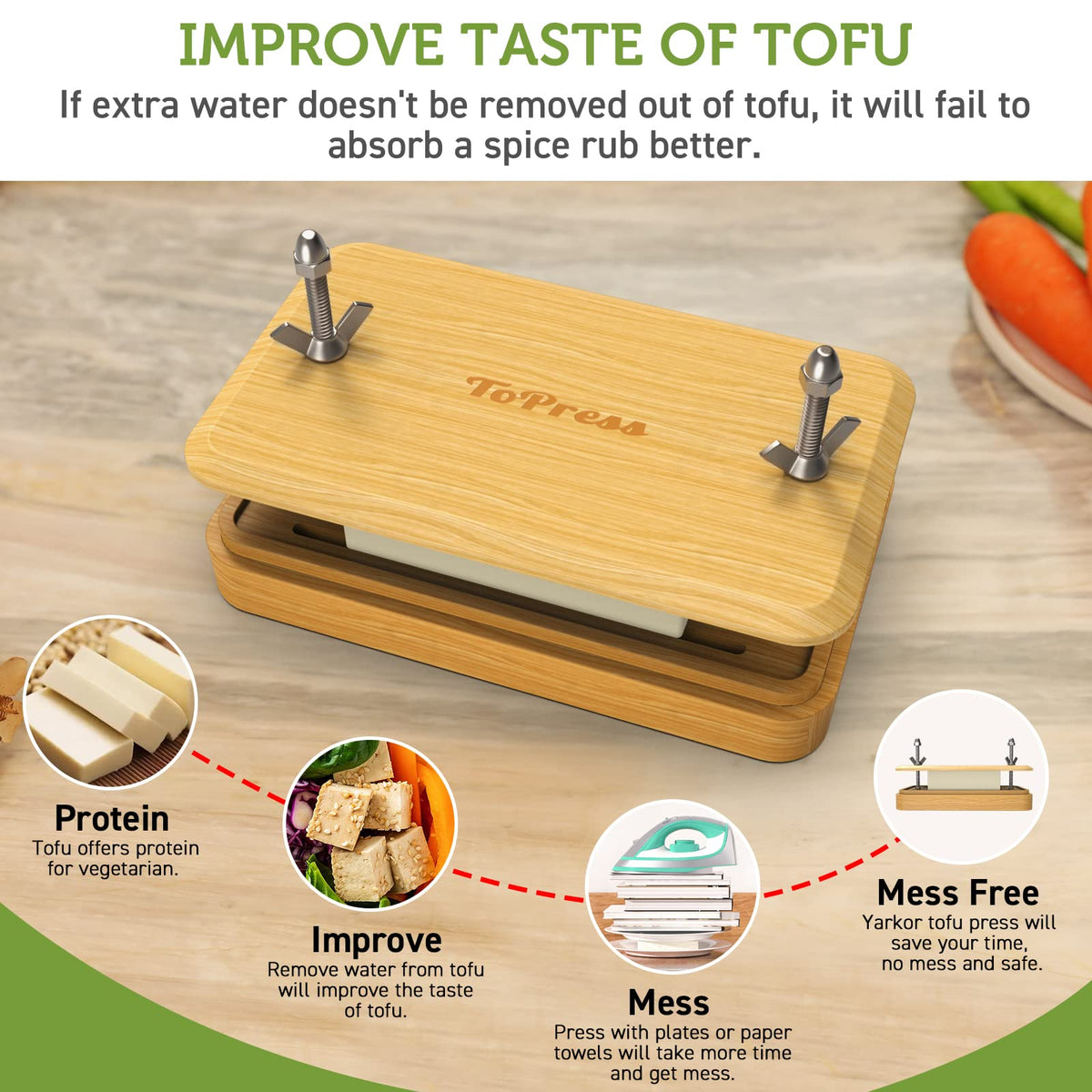 YARKOR Bamboo Tofu Press side view showing adjustable pressure for firmness.