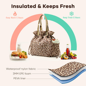 Yarnic leopard lunch bag with drawstring closure for quick access