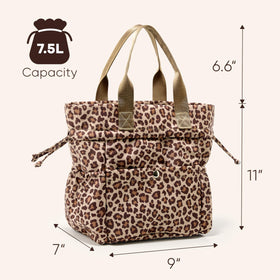 Yarnic leopard lunch bag insulated section indicating temperature retention for meals