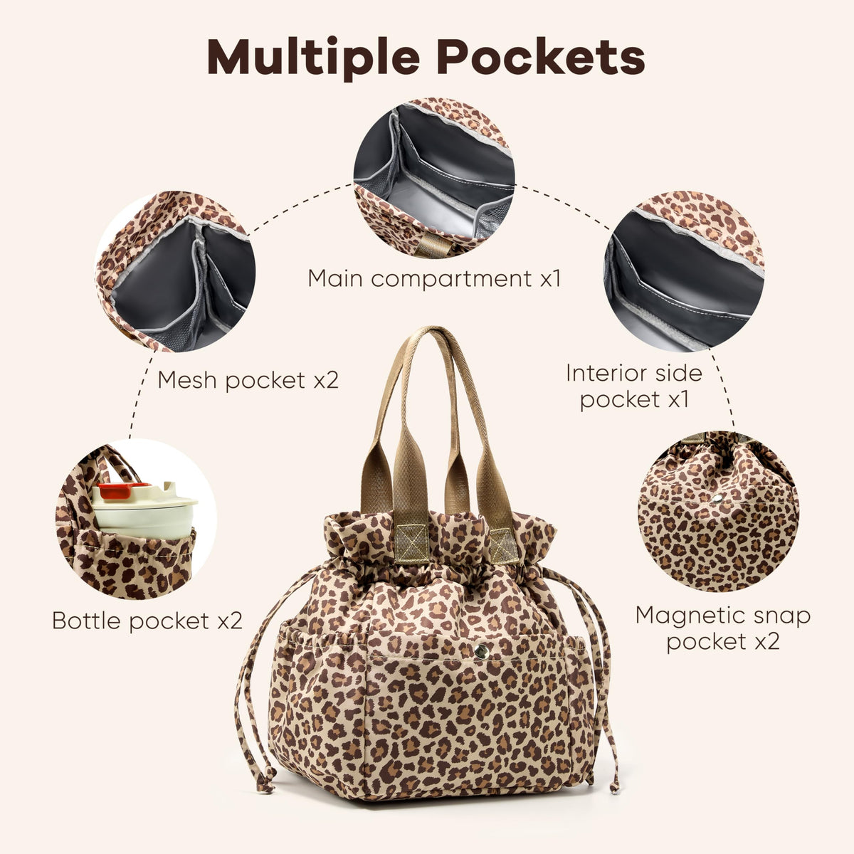 Yarnic leopard lunch bag side pocket for water bottle convenience