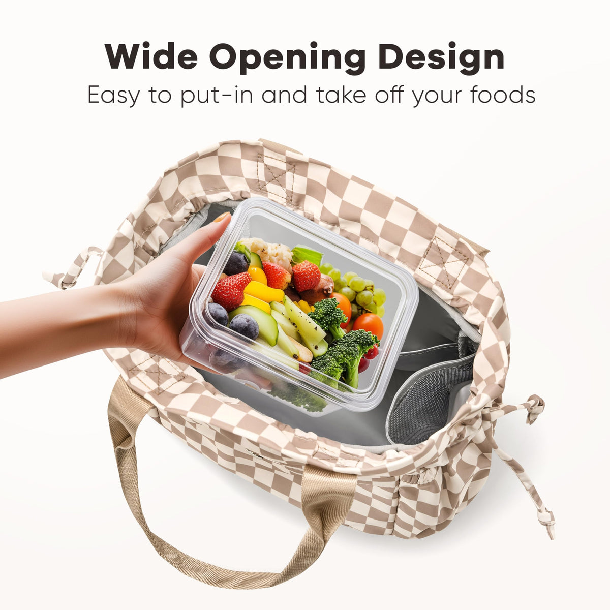 Yarnic lunch bag drawstring closure enables quick access to your meal
