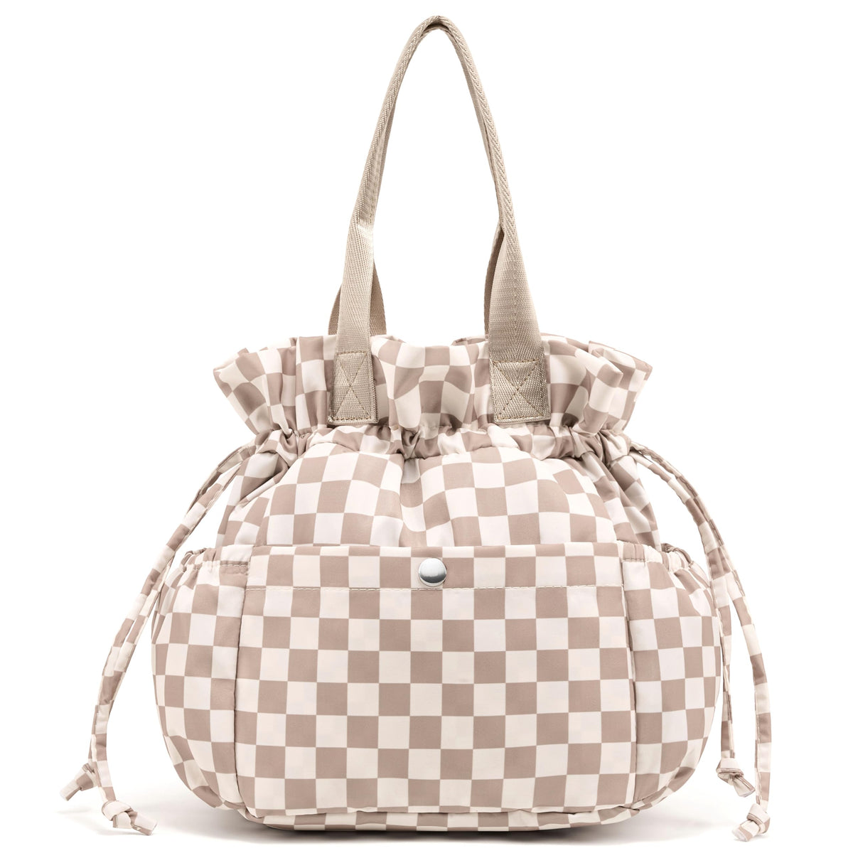 Yarnic lunch bag front view shows durable beige coffee checker fabric for daily use