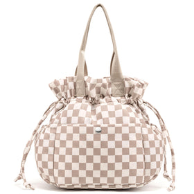 Yarnic lunch bag front view shows durable beige coffee checker fabric for daily use