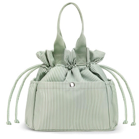 Yarnic lunch bag front view with green stripes and roomy main compartment.