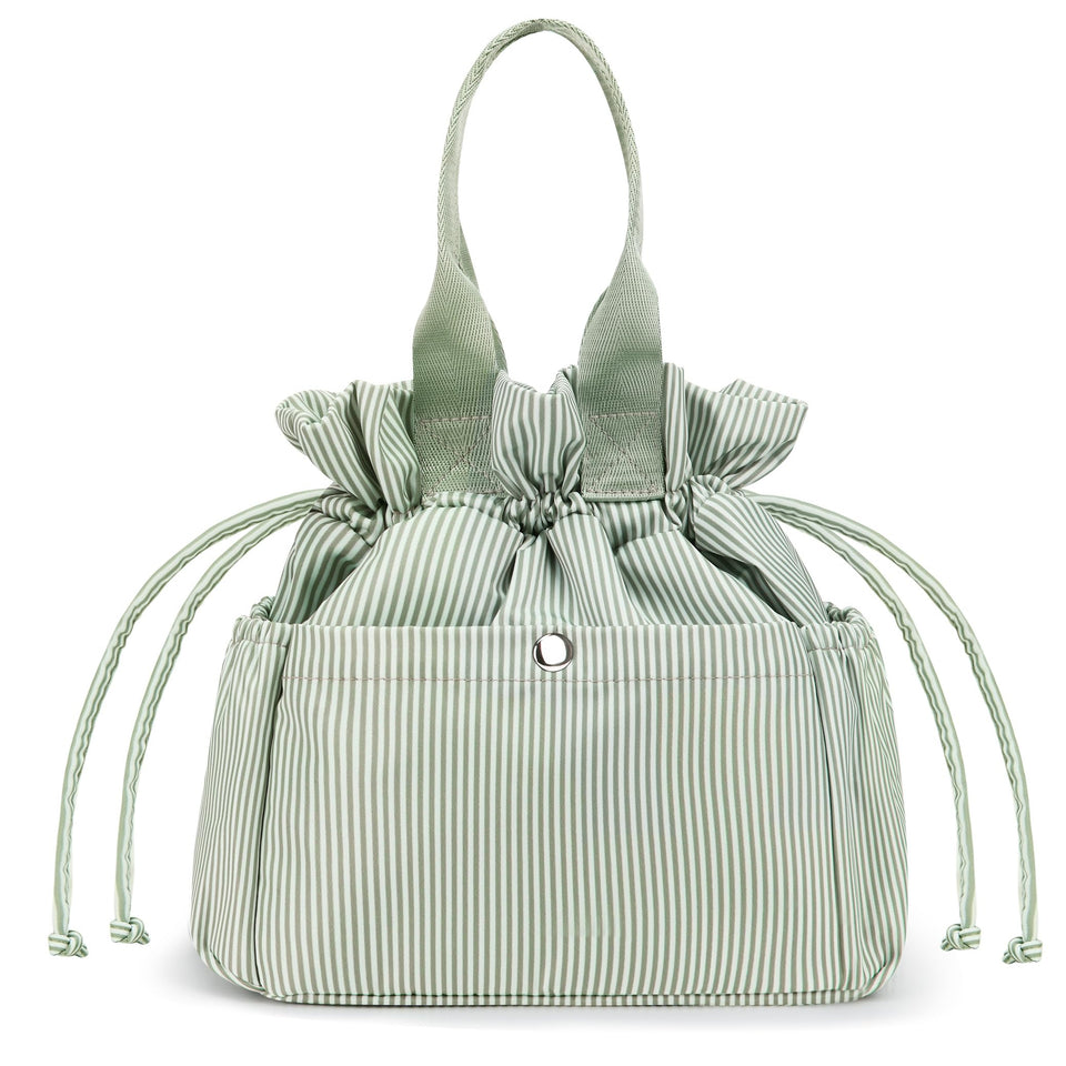 Yarnic lunch bag front view with green stripes and roomy main compartment.