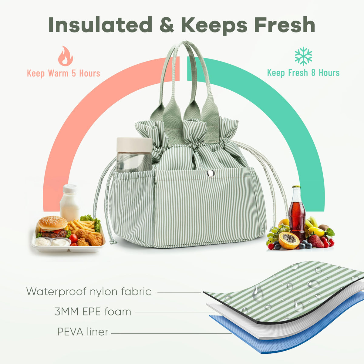 Yarnic insulated interior keeps meals cool and fresh on the go.