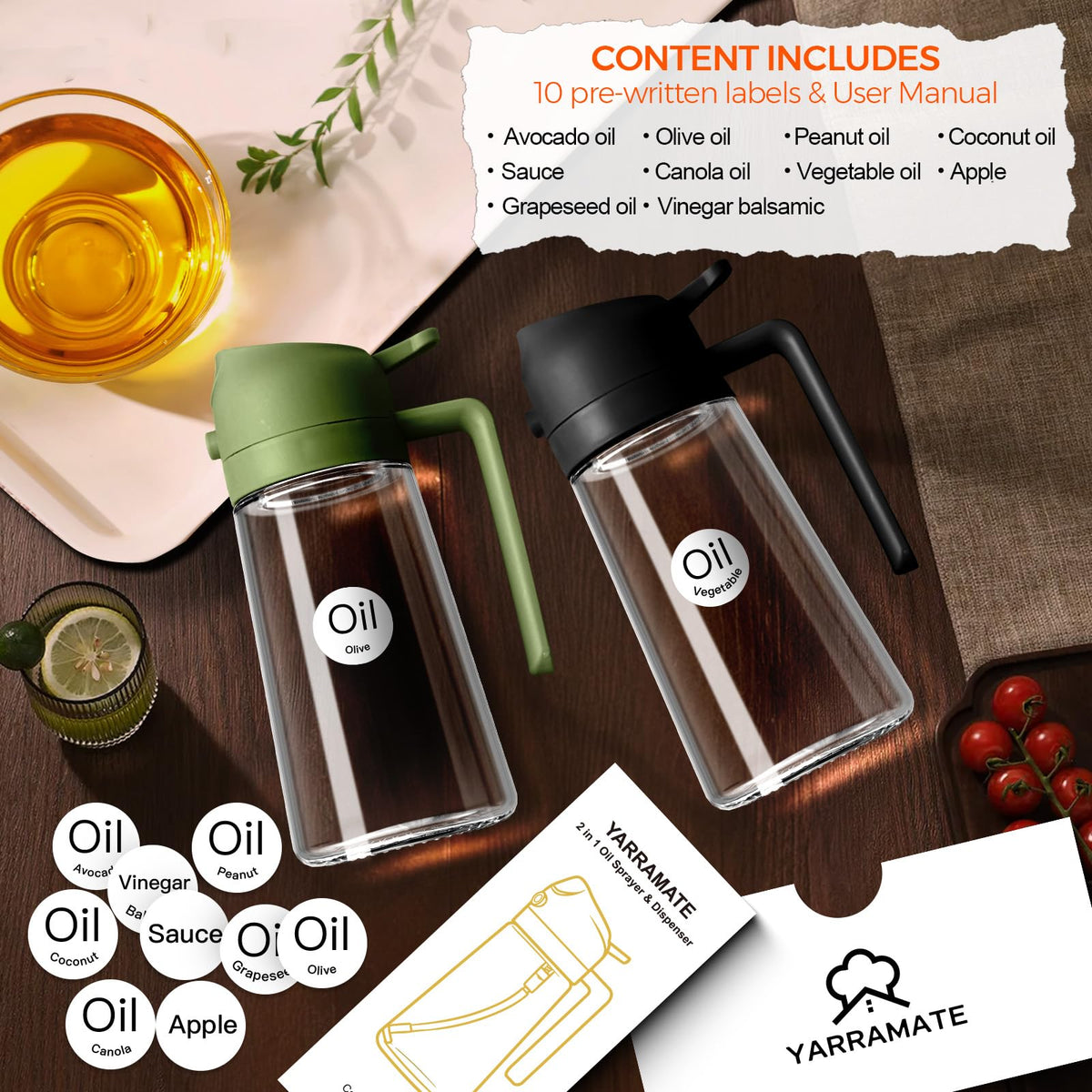 YARRAMATE olive oil sprayer features durable glass body for clear level viewing