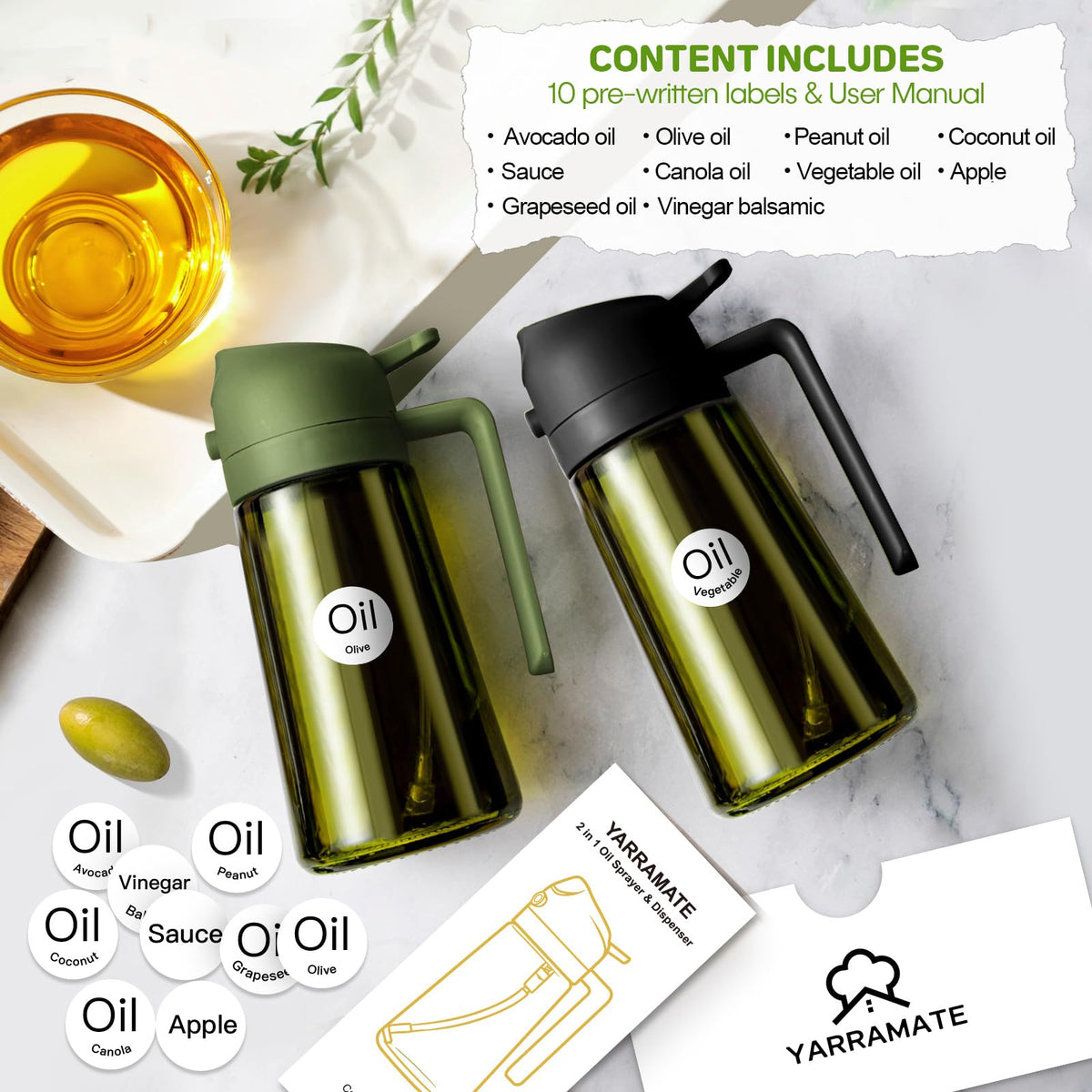YARRAMATE 2-in-1 oil dispenser with labeling stickers for easy identification