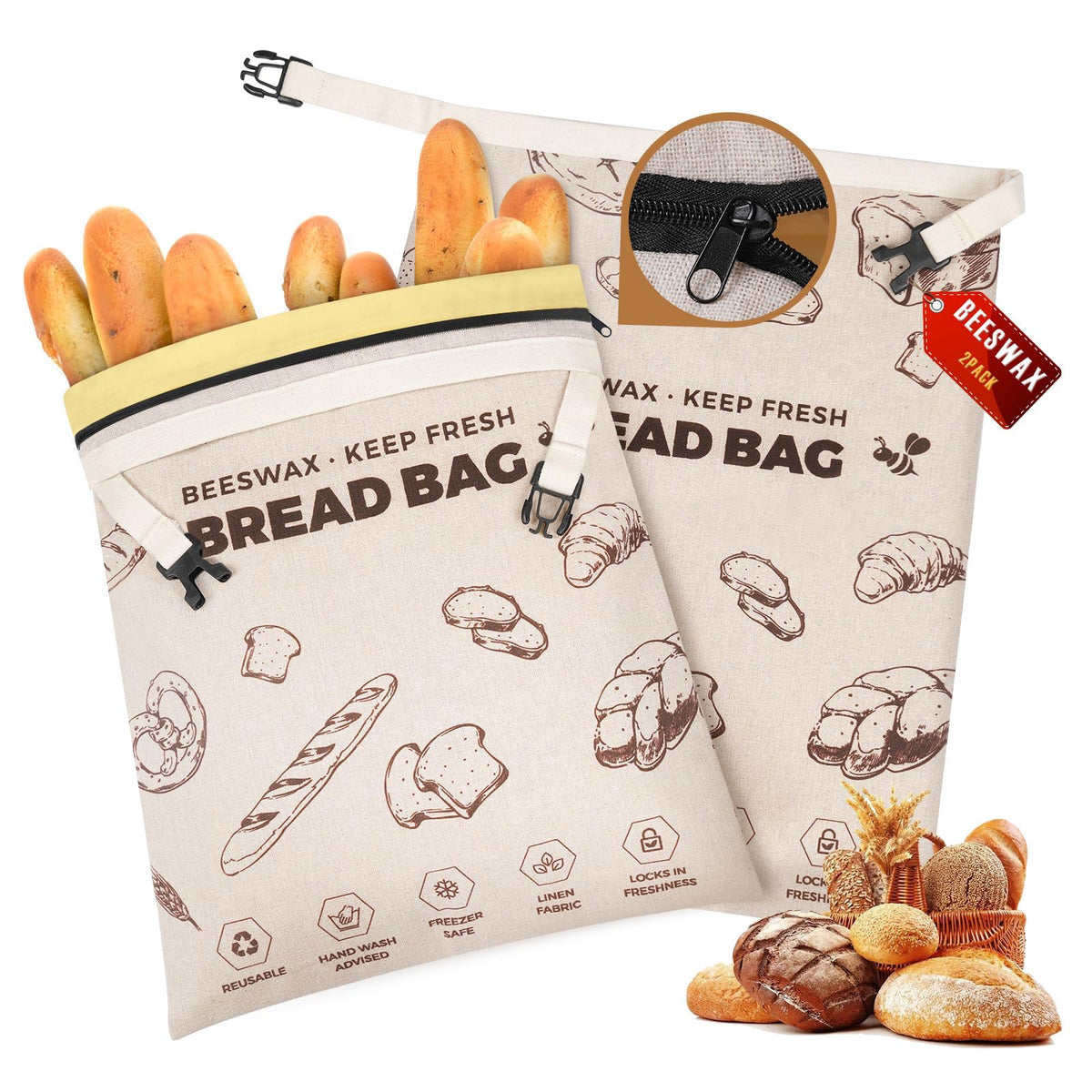 YARRAMATE beeswax bread bags with zipper seal for fresh sourdough