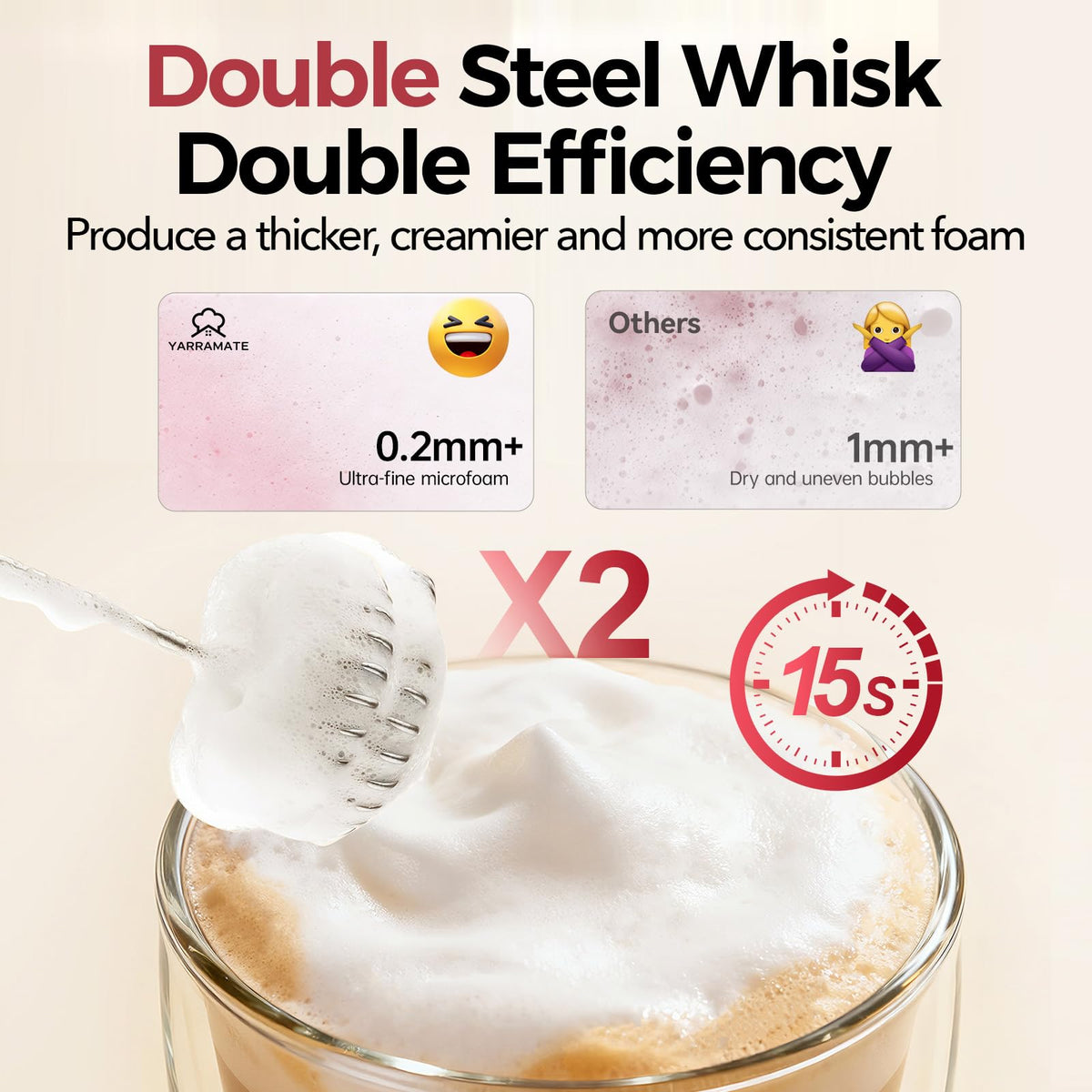 YARRAMATE dual whisk heads provide versatile frothing and whisking options.