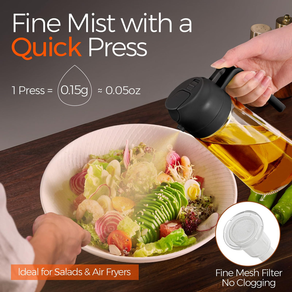 YARRAMATE olive oil dispenser glass body shows clear oil level during cooking.
