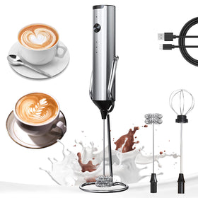YARRAMATE rechargeable milk frother with stand for easy reach and tidy counter.