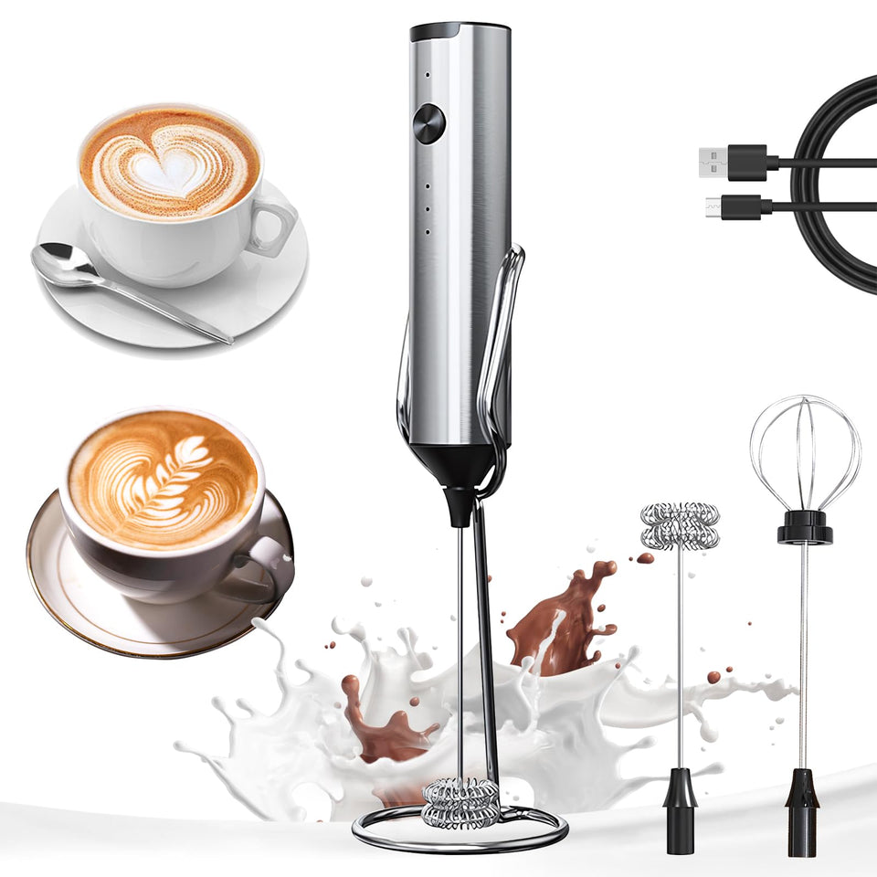YARRAMATE rechargeable milk frother with stand for easy reach and tidy counter.