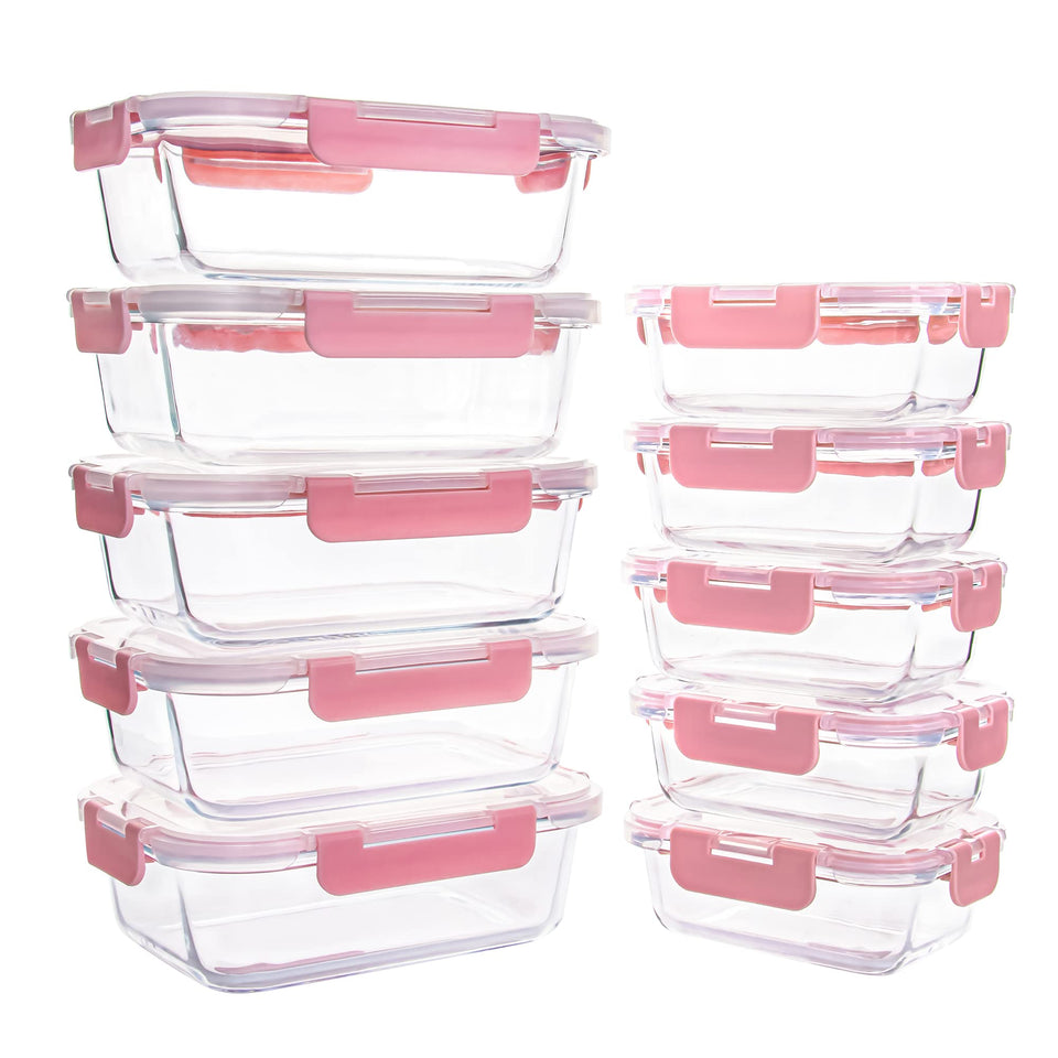 YARYOUNG 10-pack glass storage with lids, neatly organized for meal prep.
