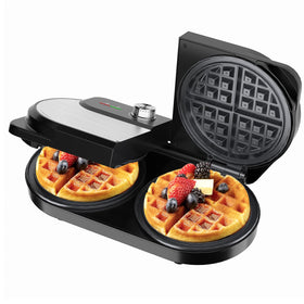 YASHE double waffle maker front view, compact design ideal for quick breakfasts.