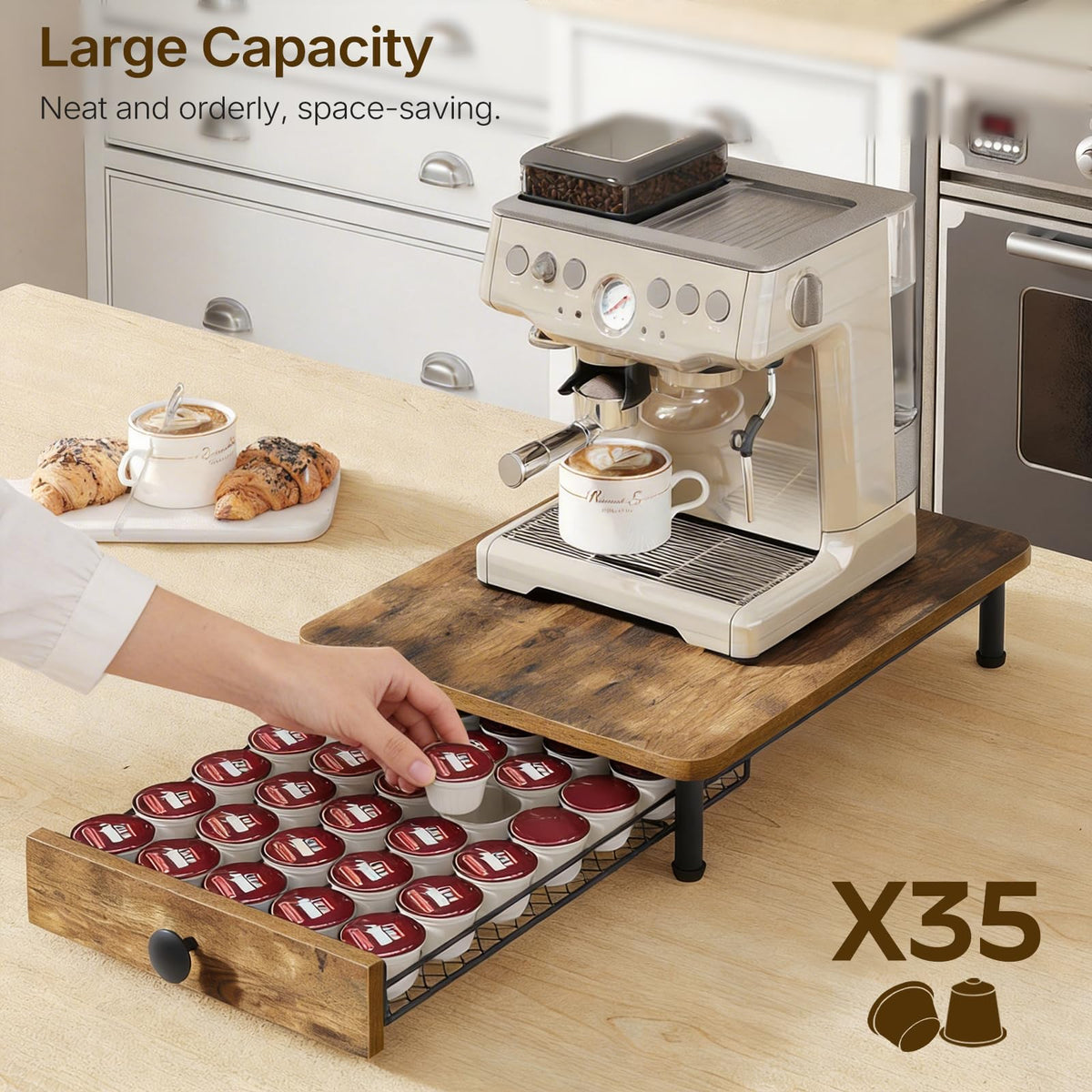 YATINEY wooden tabletop with black frame keeps mugs nearby while pods stay within reach.