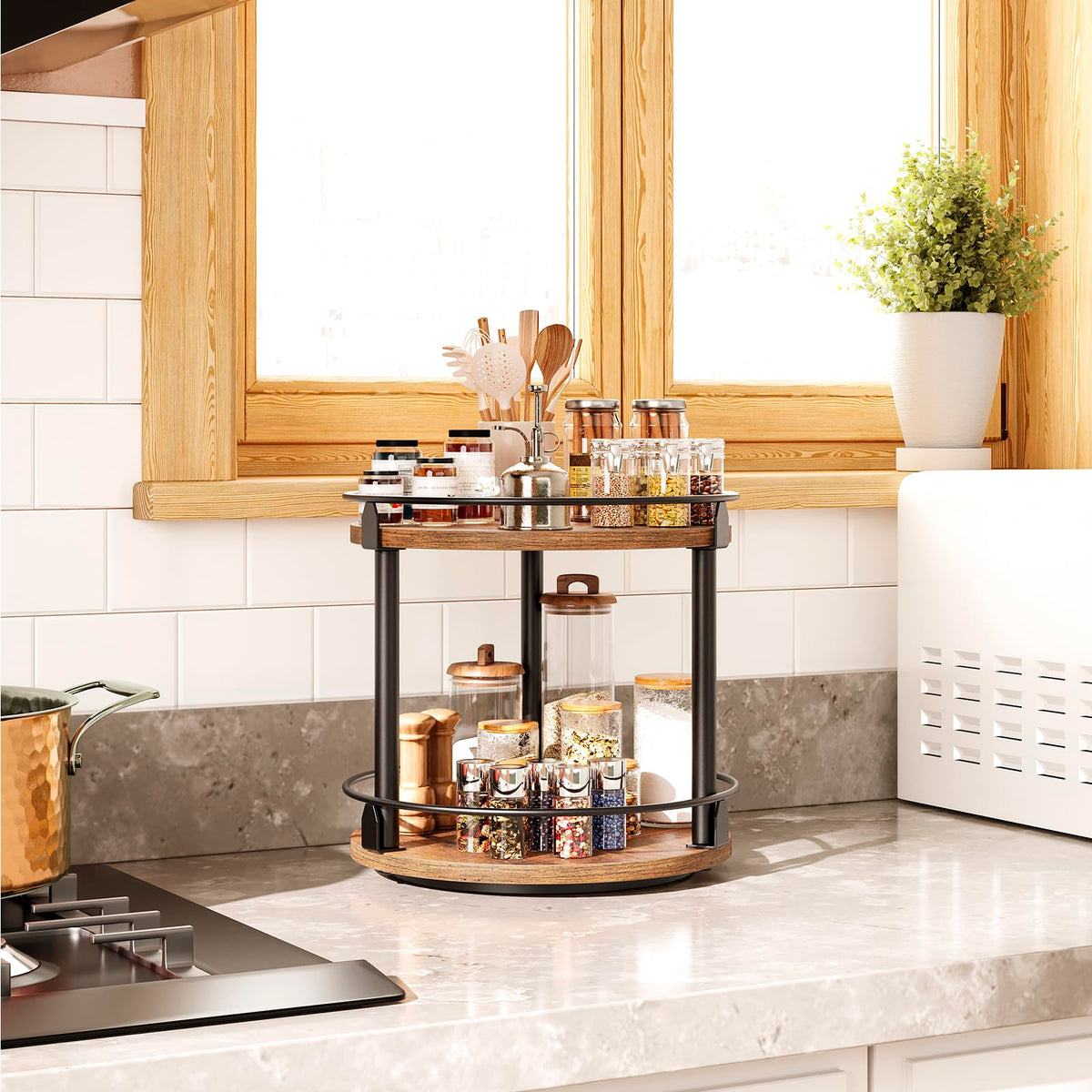 YATINEY two-tier spice turntable organizes bottles compactly